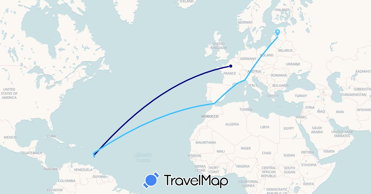 TravelMap itinerary: driving, boat in Dominica, Spain, France, Gibraltar, Italy, Saint Lucia, Latvia (Europe, North America)