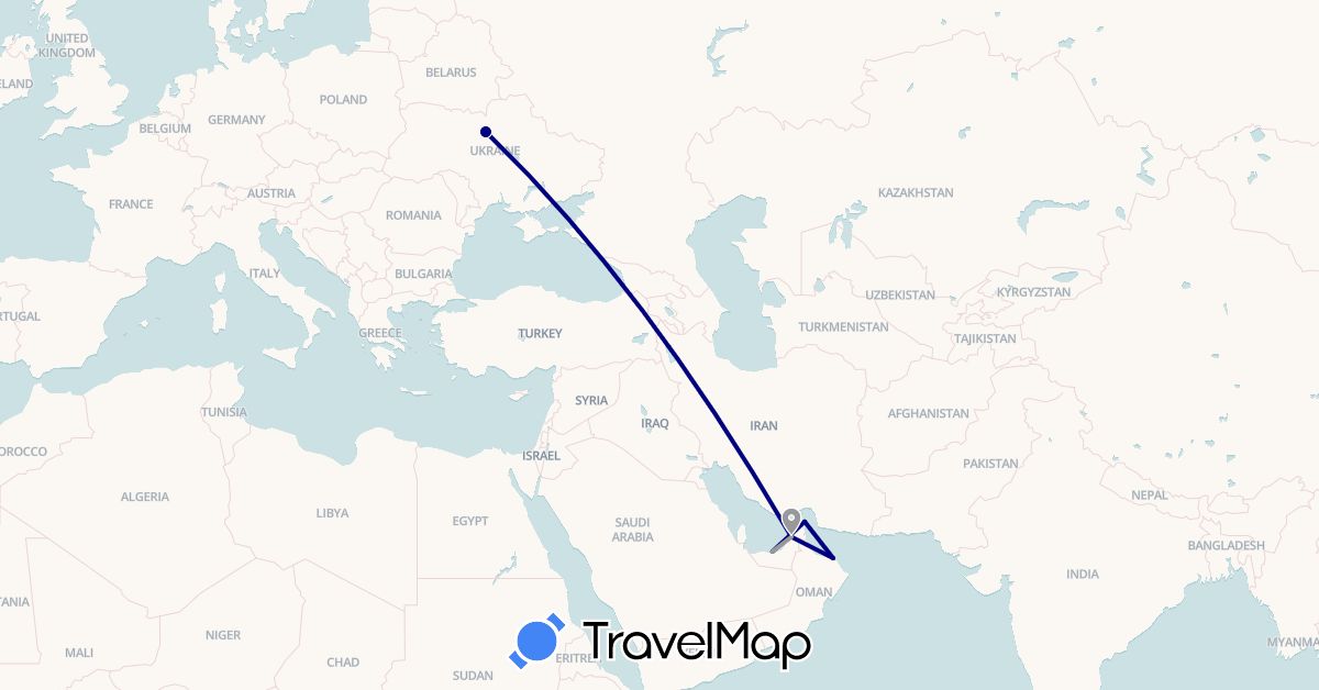 TravelMap itinerary: driving, plane in United Arab Emirates, Oman, Ukraine (Asia, Europe)